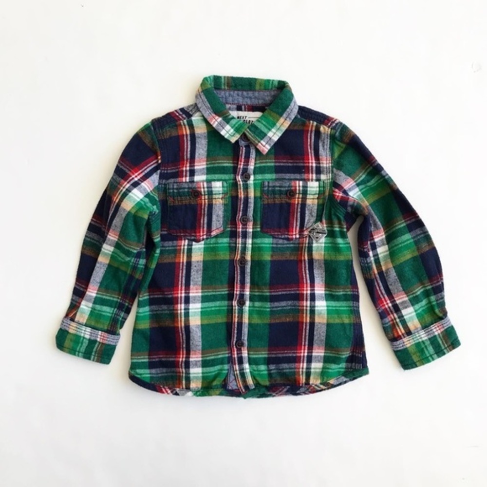 NEXT green plaid button down shirt VGUC 2/3T